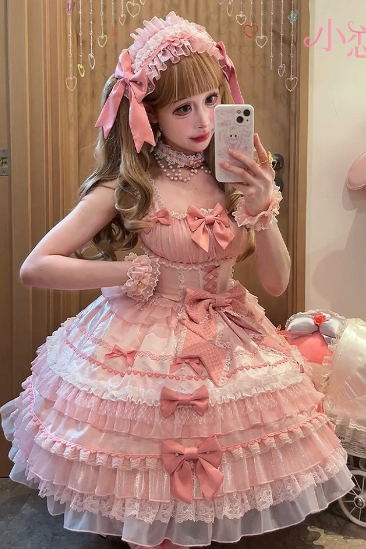 Pink Multi-Tier Ruffle Bow Lace Sweet Gorgeous Lolita Jumper - Little Lovetine