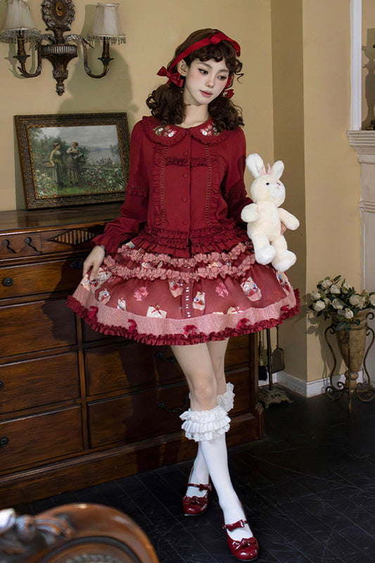 Bell Strawberry Farm Print Ruffle Embroidery Sweet Lolita Skirt