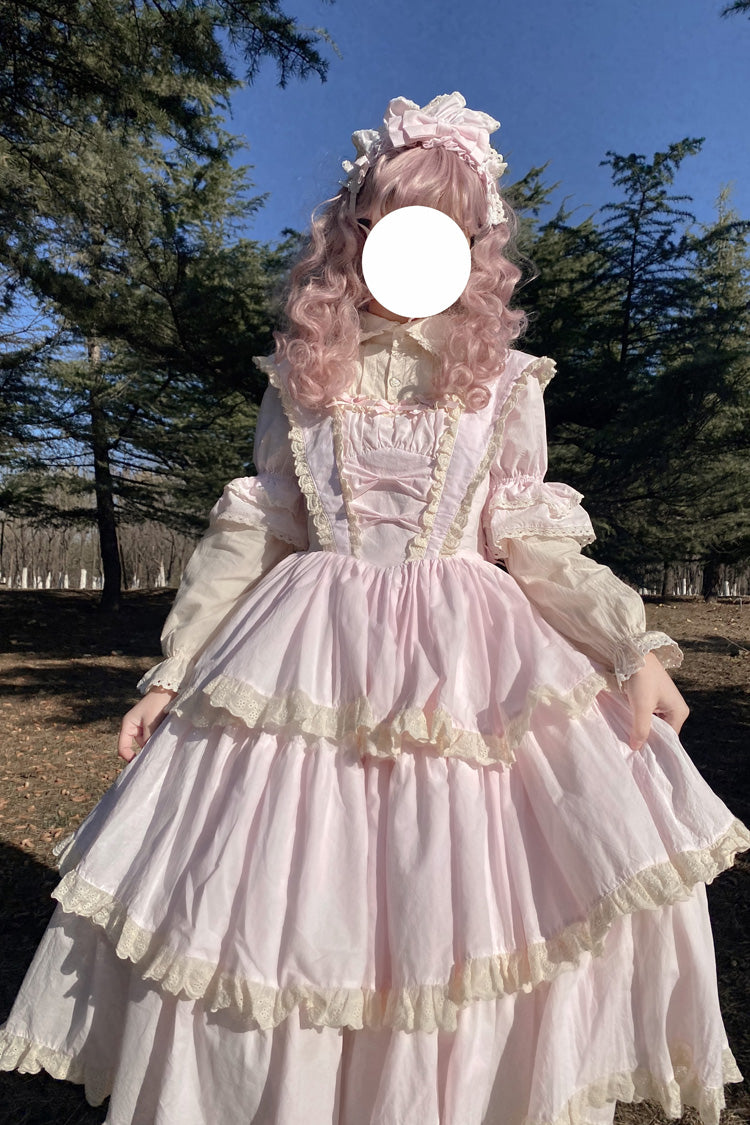 Pink Lapel-Collar Long-Sleeved High-Waisted Multi-Layer Bow-Trim Sweet Lolita Dress
