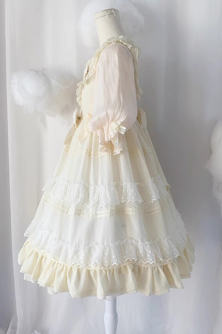 Beige Lace Angel Short-Sleeved Bow-Trim Ruffled Sweet Lolita Dress