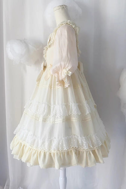 Beige Lace Angel Short-Sleeved Bow-Trim Ruffled Sweet Lolita Dress