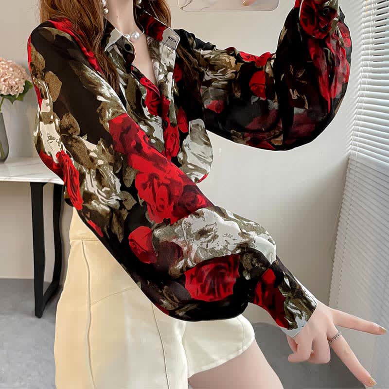 Vintage Red Floral Print Puff Sleeve Shirt Workwear