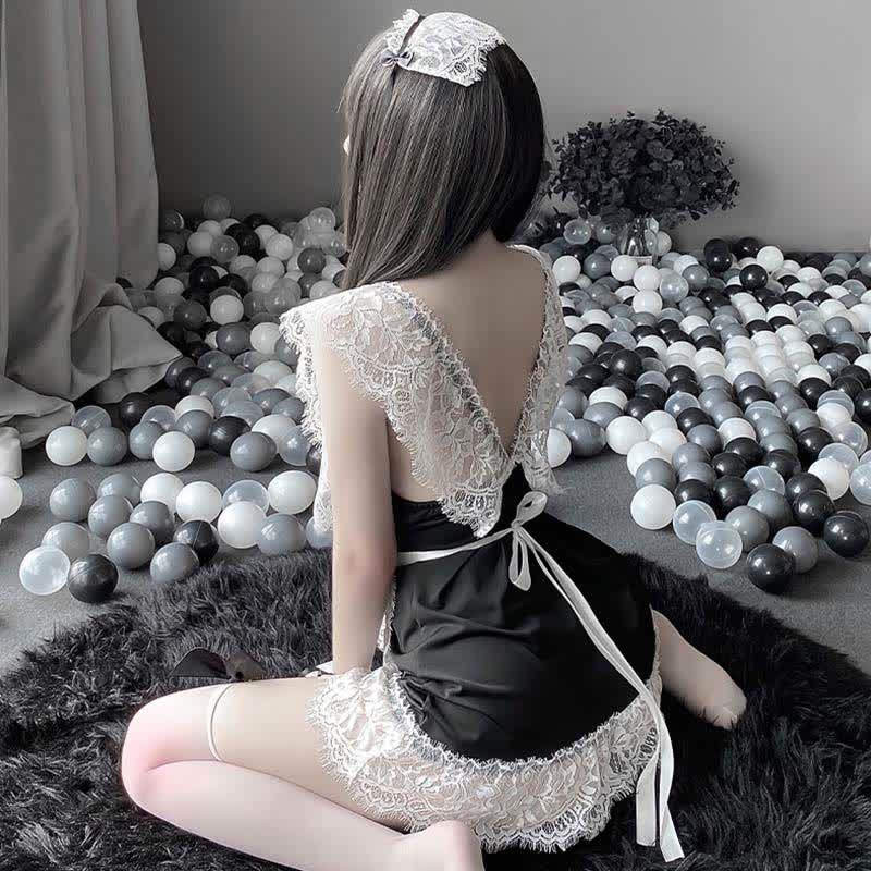 Cosplay Schwarzes Schleife Dienstmädchen Dessous Kleid aus tiefer Spitze