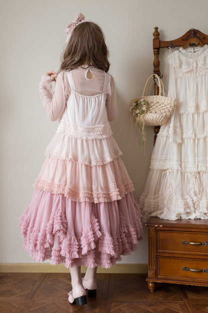 Sweet Stand Collar Long Sleeve Multi Layer Ruffle Color Block Lolita Tiered Dress 14 Colors