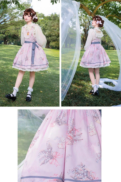Rose Sleeveless Print Ruffle Bow Daily Sweet Lolita Strap Gown - Lily of the Valley Rabbit