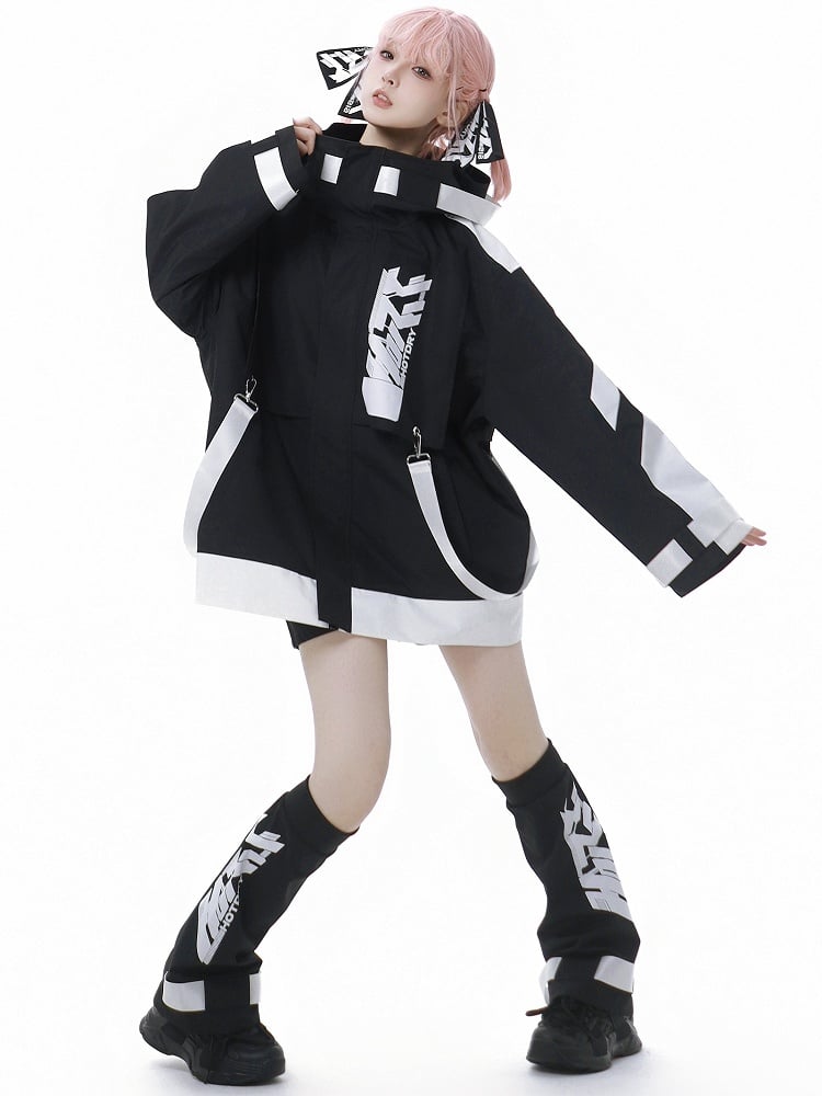 Black and White Jirai Kei Techwear Straps Hooded Windbreaker Jacket