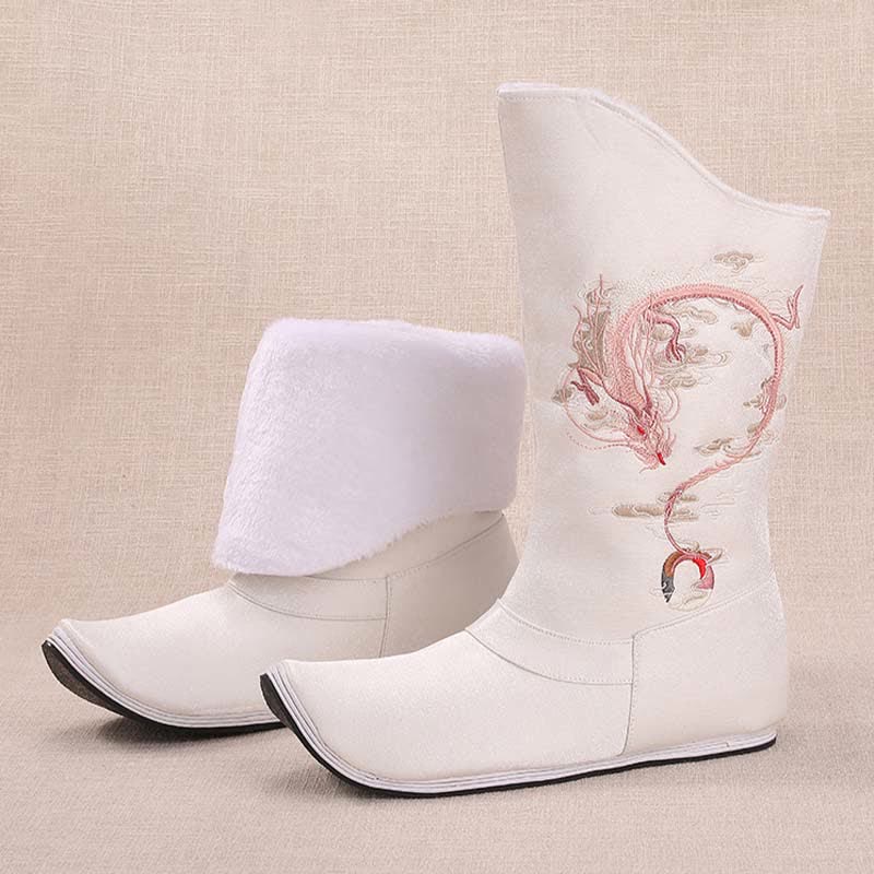 Vintage Dragon Embroidery Pointed Toe Plush Boots