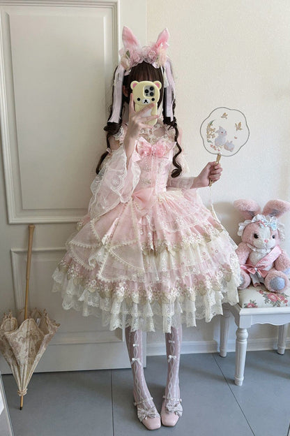 Pink Falling Rain Flowers Sleeveless Ruffle Embroidery Bow Sweet Chinese Style Lolita Jsk Dress