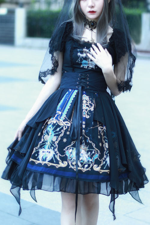 Black Gothic OP Dress Lolita Square Collar Lace Ruffled - Altfashion Shop
