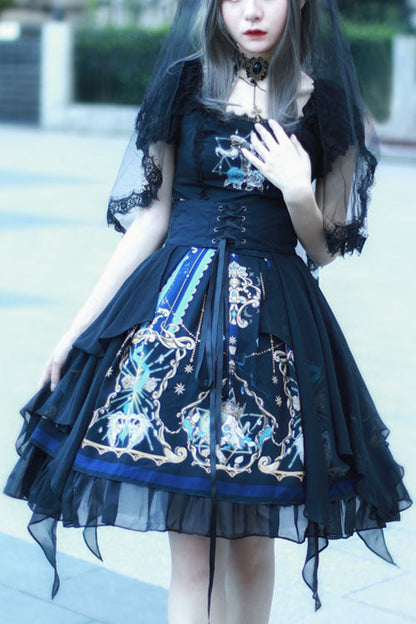 Black Gothic OP Dress Lolita Square Collar Lace Ruffled - Altfashion Shop