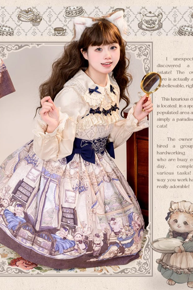 Cat Manor Print Embroidered Bow Sweet Jumper Dress