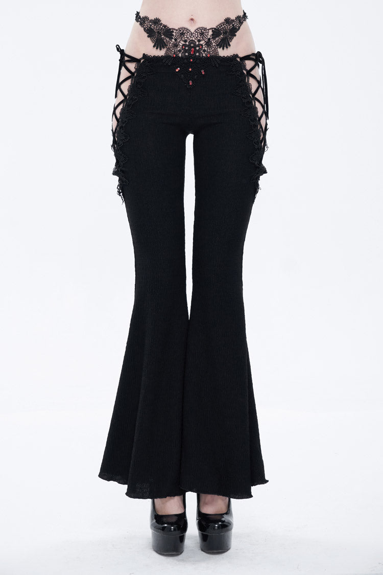 Gothic Flared Pants with Lace-Up Cutouts and Gems