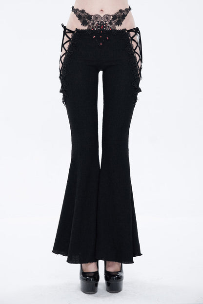 Gothic Flared Pants with Lace-Up Cutouts and Gems