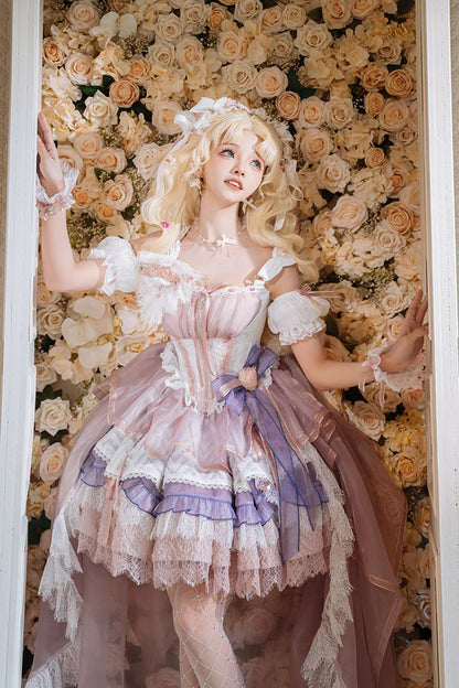 Pink Purple Rose Memoirs Sleeveless Multi-Layer Bow Lace Sweet Lolita Skirt Set