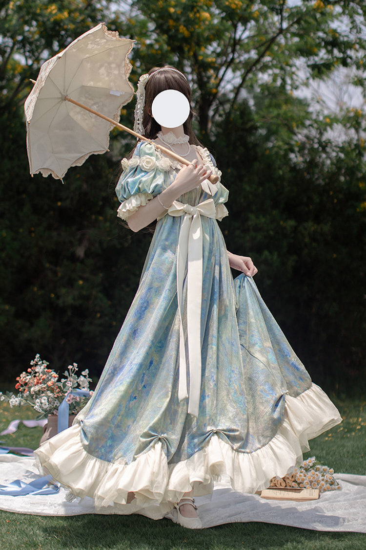 Short-Sleeve Ruffle Bow Dress with Artistic Print