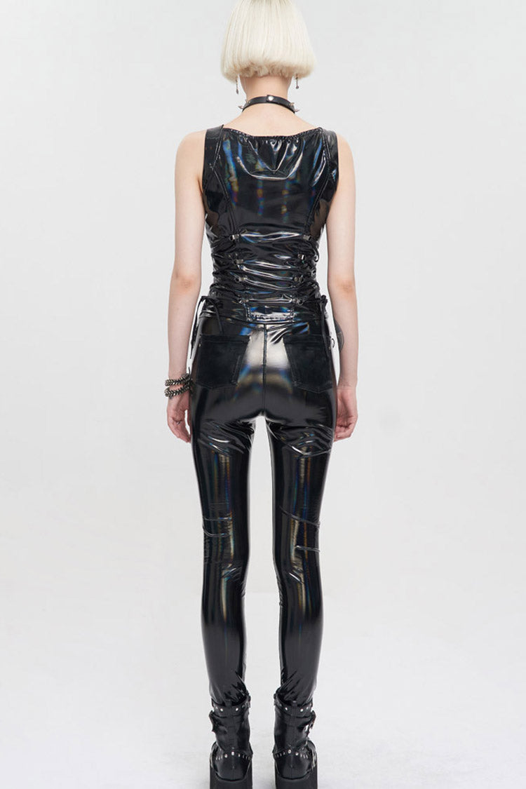 Womens Color-Shift Leather Waistcoat with Front Zip and Side Drawstrings