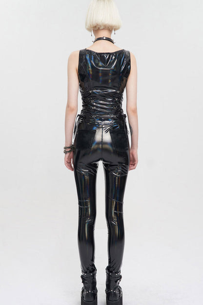 Womens Color-Shift Leather Waistcoat with Front Zip and Side Drawstrings
