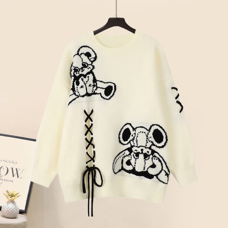 Cartoon Bear Lace Up Sweater Pleated Skirt Two Pieces Set