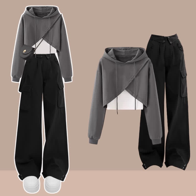Cross Hoodie Top Crop Chic Pockets Cargo Tank Pants