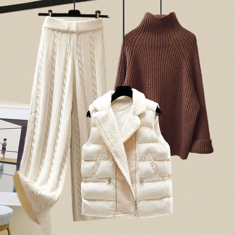 Chic Plush Vest Coat Sweater Casual Knit Pants