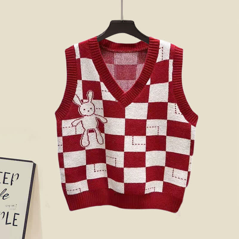 Vest Dress Pleated Bunny Print Shirt Lattice Set