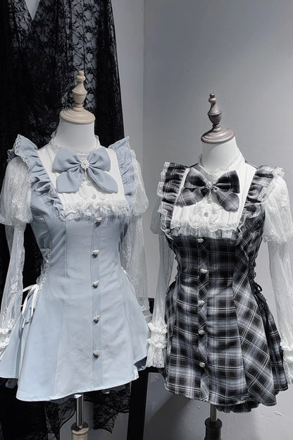 Stand Collar Long Sleeves Ruffled Bow Lace Sweet Japanese Dress Shorts Set