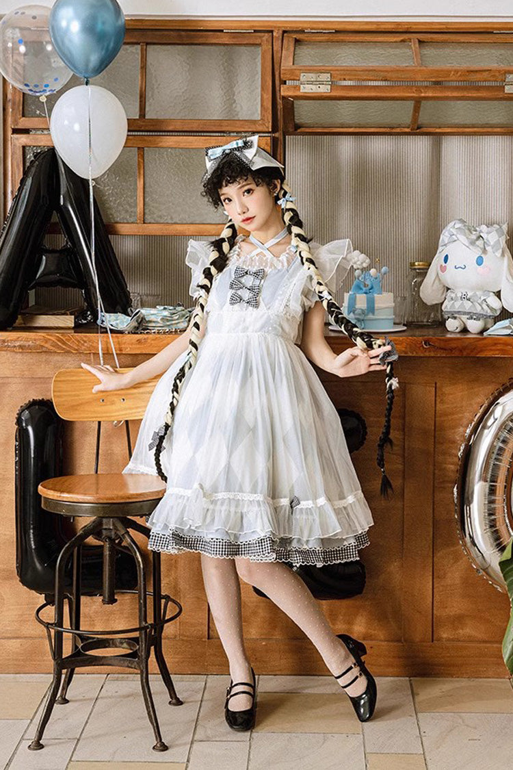 White Blue Sleeveless Diamond Plaid Bow Sweet Lolita JSK Dress