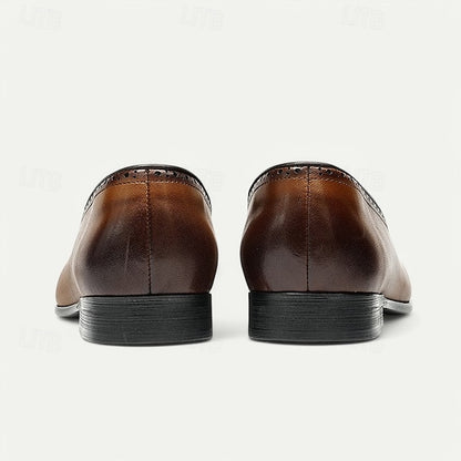 Men's Brown Leather Tassel Loafers with Brogue Detailing,