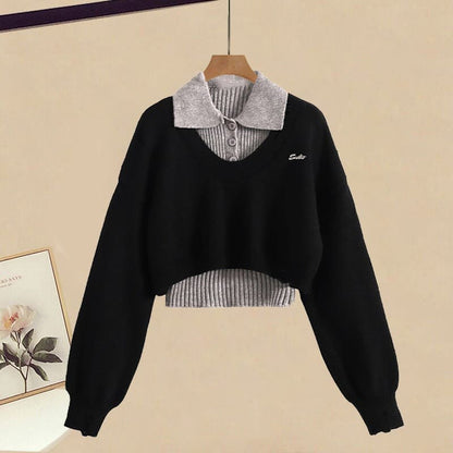 Two Skirt Pieces Black Fake Pleated Sweater