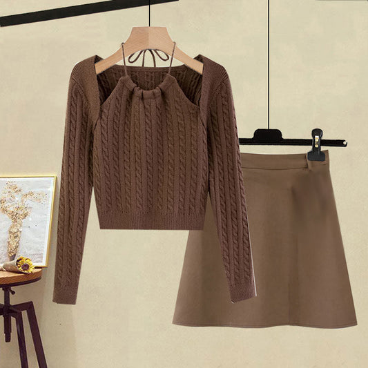 Pure Color Knit Sweater PU Skirt Set