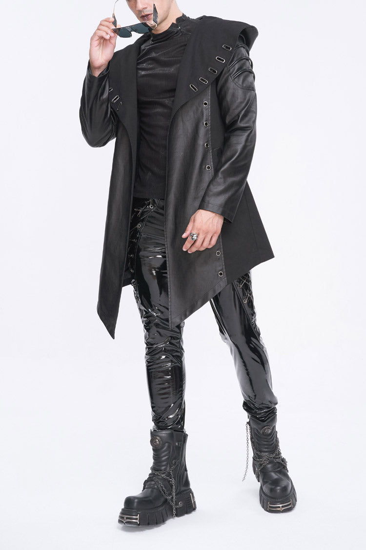 Eyelet Black Asymmetric Gothic Jacket with Hood for Men