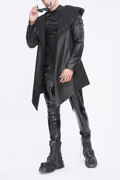 Eyelet Black Asymmetric Gothic Jacket with Hood for Men