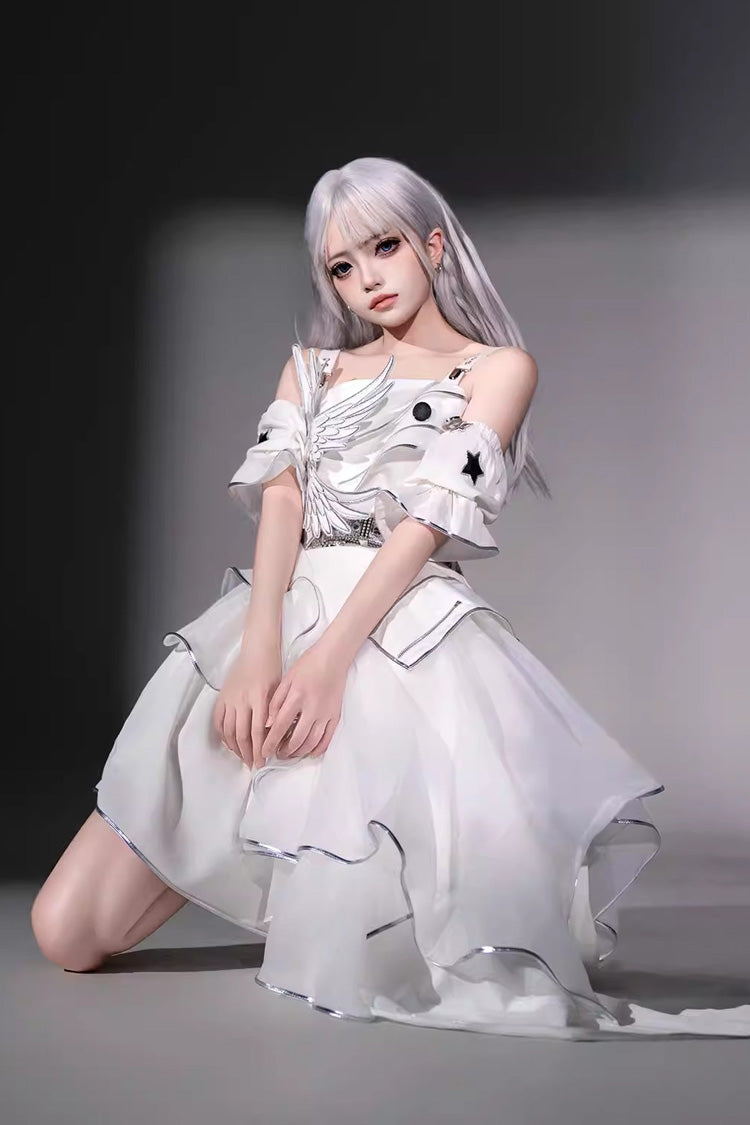 Asymmetric Futuristic Punk Jumper Dress Set - White Silver Wings