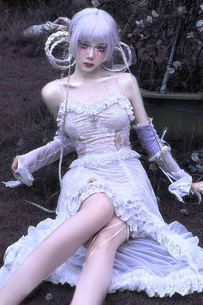 Drawstring Gothic JSK Dress with Ruffled Embroidery and Pleated Lace - Redemption of the Deity