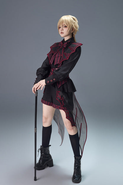 Demon Ritual Stand Collar Ouji Shorts Set with Embroidery - Noir