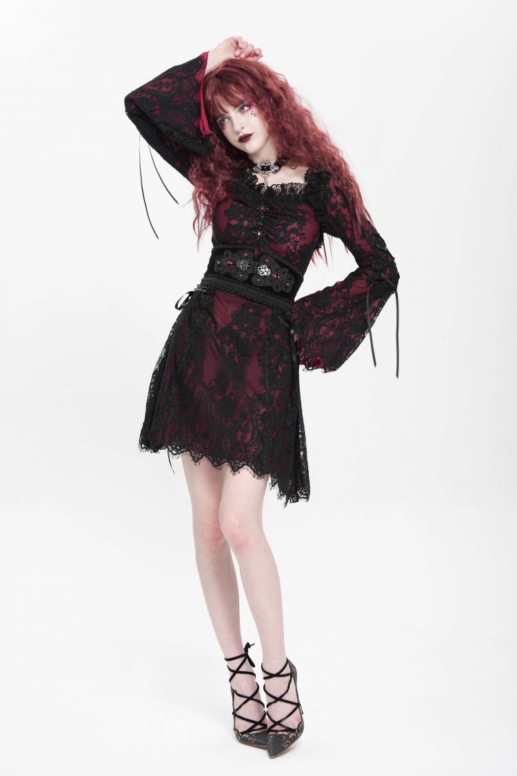 Square Collar Long Sleeve Floral Lace Lace-Up Gothic Dress