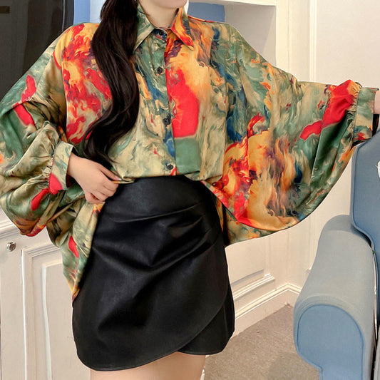 Vintage Floral Batwing Sleeve Lapel Shirt Workwear