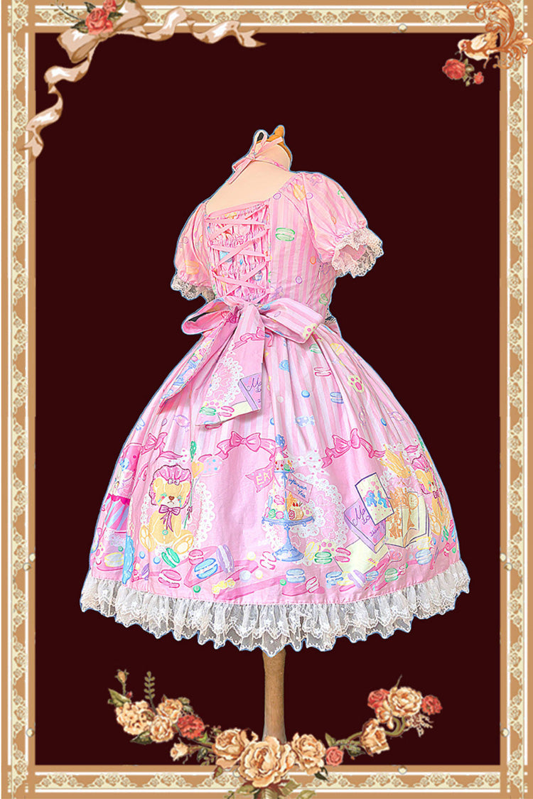 Rose Square Collar Short Puff Sleeve Bow Print Sweet Lolita Gown - Macarons Dolly House