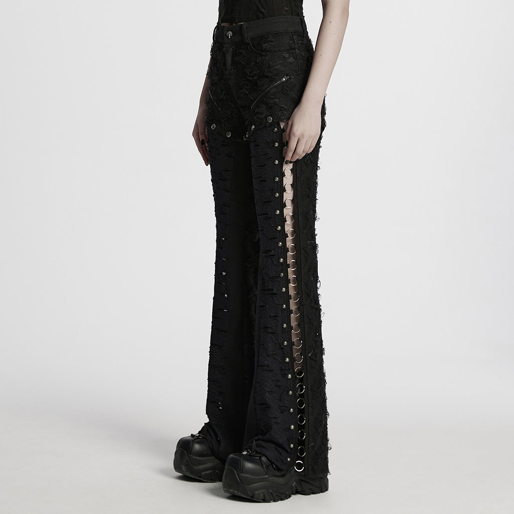 Ripped Punk Pants with Metal Rings and Detachable Split