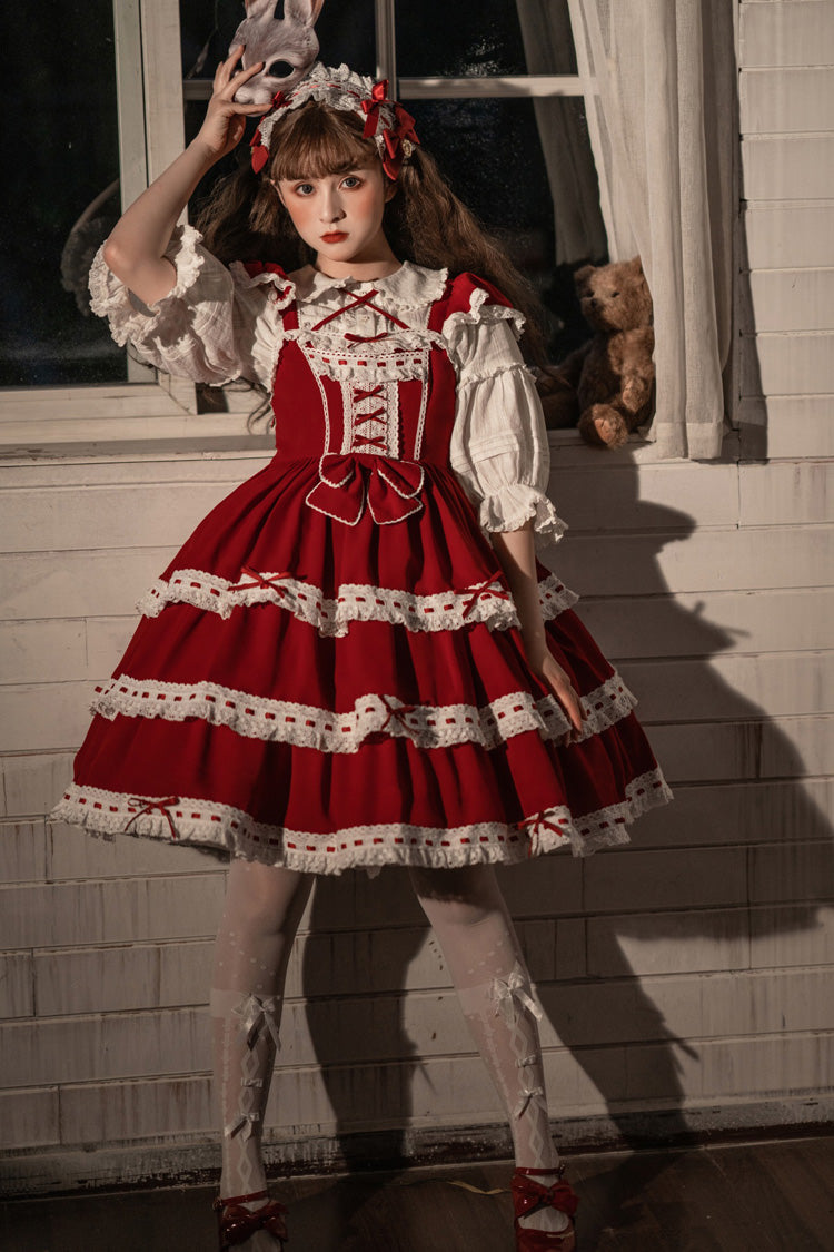 Red Antique Dolls Sweet Lolita Triple-Layered Bowknot JSK Dress