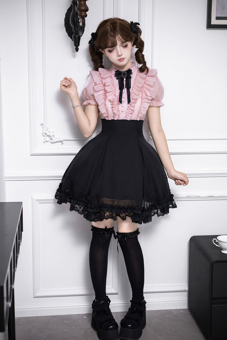 Puff-Sleeve Color-Blocked Faux Two-Piece Sweet Dress