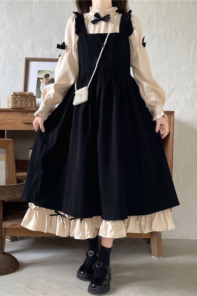 Black/Apricot Sweet Lolita Japanese Puff-Sleeved Ruffle Bowknot Dress