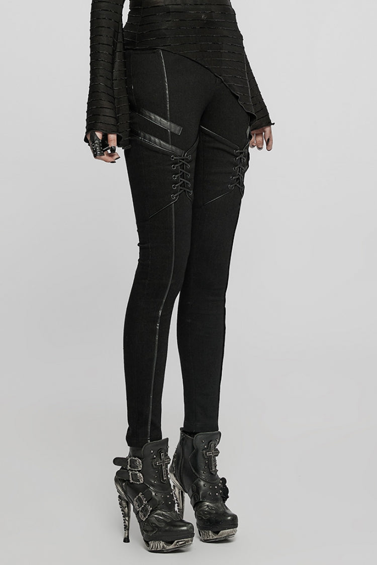 Punk Women's Skinny Jeans with Faux Leather Stitching and Lace-Up