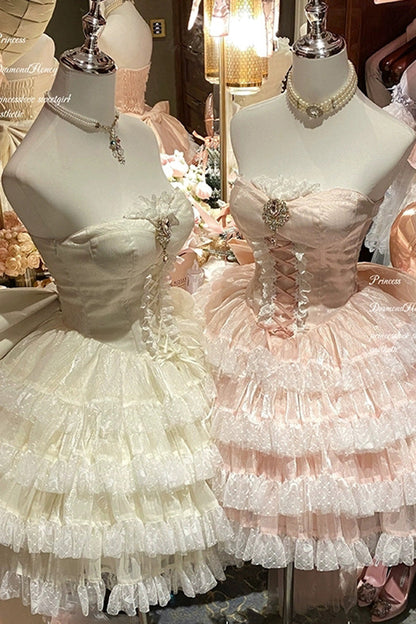 Heartbeat at First Sight Off-Shoulder Sleeveless Multi-Layered Ruffle Bowknot Lace Lace-Up Sweet Princess Gorgeous Lolita Dress in Beige