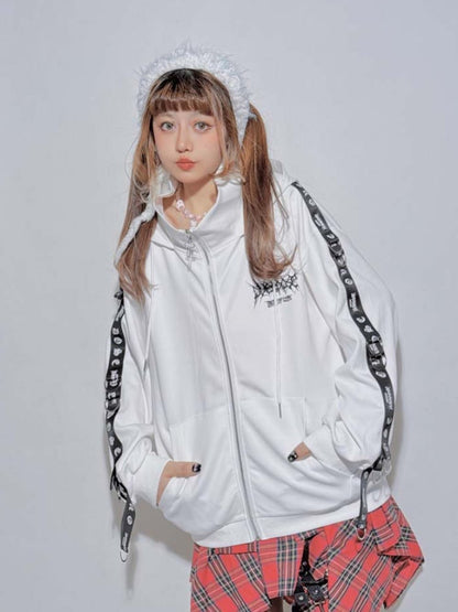 WhitePunkHigh-NeckHooded Loose Jacket