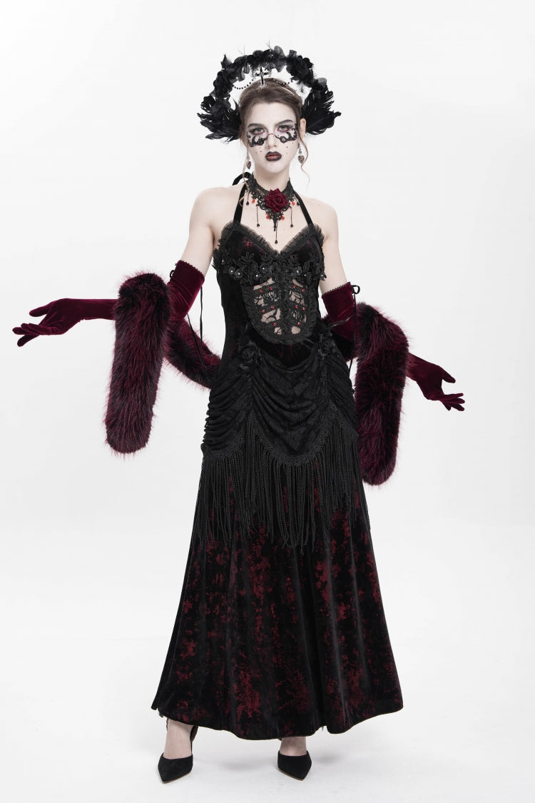 Sleeveless Hollow Floral Lace-Up Pleated Gothic Maxi Dress