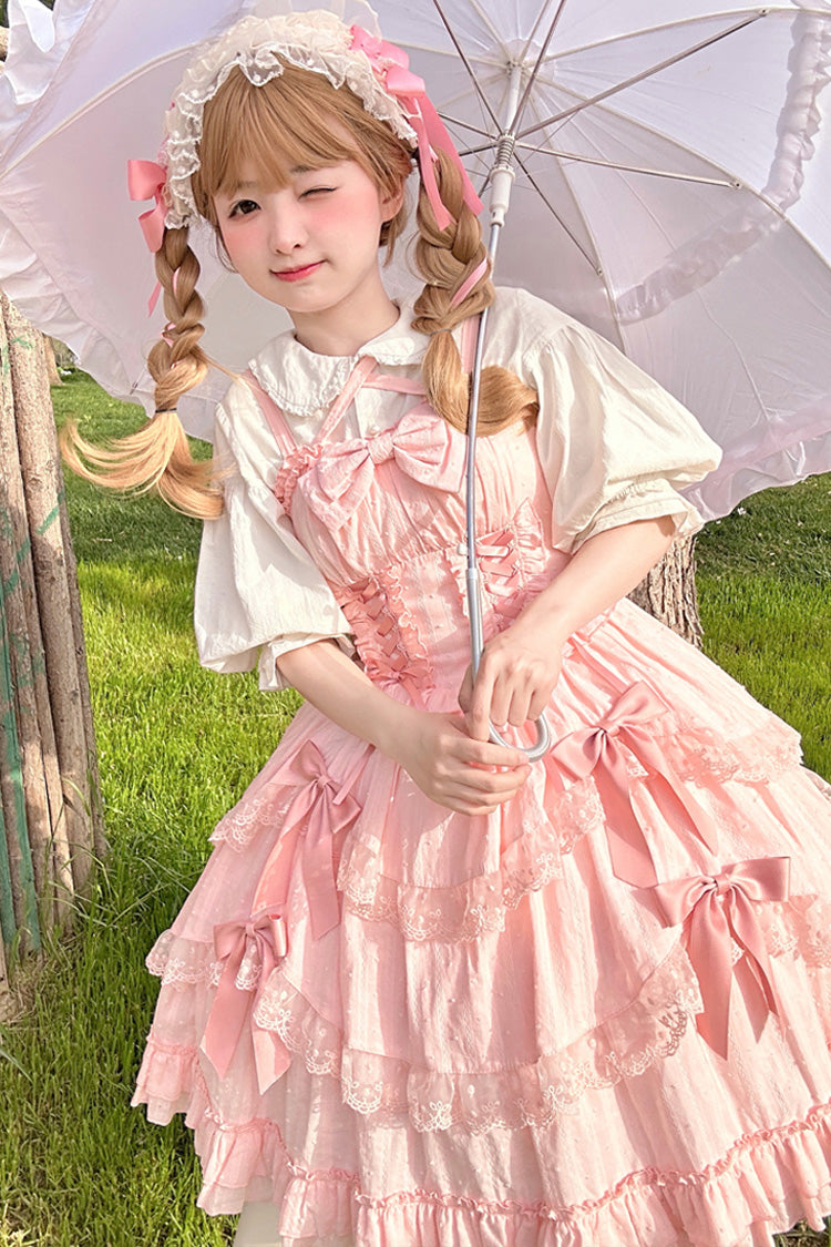 Rose Miss Pearl Sleeveless Double Layer Bow Lace Corset Sweet Lolita JSK Outfit
