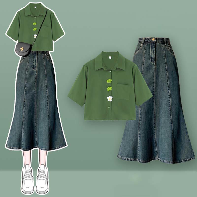 Crop Fishtail Set Tulle Top Bow Two Skirt T-Shirt Knot Denim Butterfly Pieces