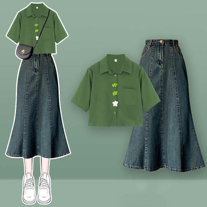 Crop Fishtail Set Tulle Top Bow Two Skirt T-Shirt Knot Denim Butterfly Pieces