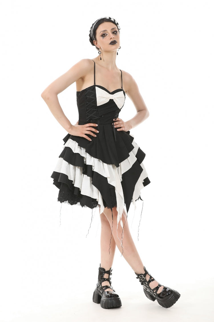 Monochrome Sleeveless Multi-Layered Ruffled Bow Slip Dress